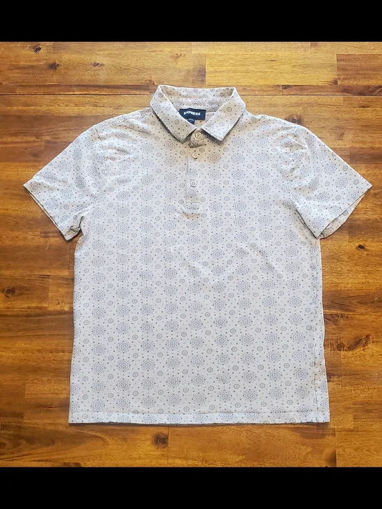 Express Men's Beige Tan Polo with Navy Geometric Print - Picture 1 of 5